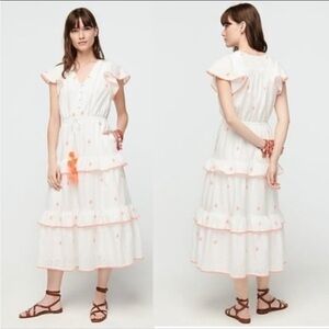 J CREW White & neon Orange Embroidered Cotton Voile Tiered Pom Pom 4